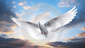 White dove with wings wide open in the blue sky