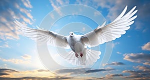 White dove with wings wide open in the blue sky