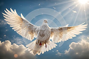 White dove with wings wide open in the blue sky air. ai generative