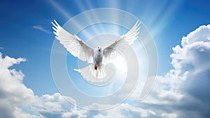 White dove with wings wide open in the blue sky air with clouds and sunbeams. Generative AI