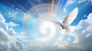 White dove with wings wide open in the blue sky air with clouds and sunbeams. Generative AI