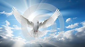 White dove with wings wide open in the blue sky air with clouds and sunbeams. Generative AI