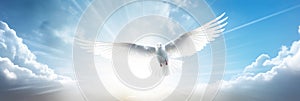 White dove with wings wide open in the blue sky air with clouds and sunbeams. Generative AI