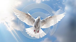 A white dove with wings wide open in the blue sky air with clouds and sunbeams. Spirit of god background banner panorama.