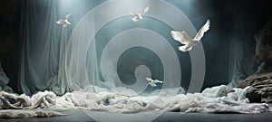 White doves fly in the cave. Biblical concept. Resurrection of Jesus\' background. Christian Easter concept.