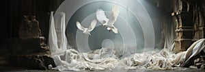 White doves fly in the cave. Biblical concept. Resurrection of Jesus\' background. Christian Easter concept.