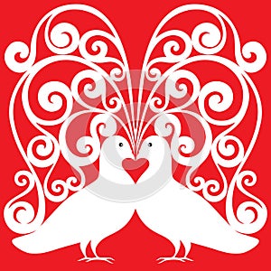 White doves pair kissing pattern with a heart symb