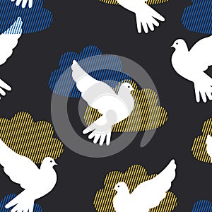 White doves of peace fly among yellow and blue clouds against a gloomy black sky. Seamless pattern