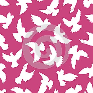 White doves seamless pattern on a violet background.