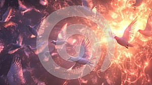 White Doves Soaring Through a Glowing, Abstract Sky