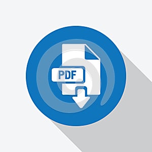 White download pdf file icon in blue circle.