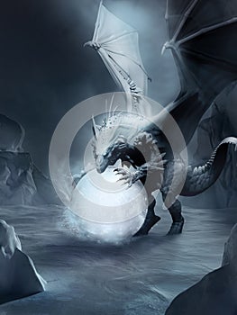 White dragon with crystal ball