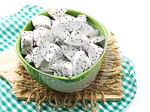 White dragon fruit high nutrient cut in ceramic bowl selective focus