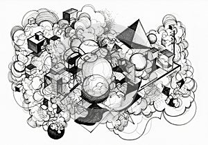 And white drawing featuring a complex array of geometric shapes