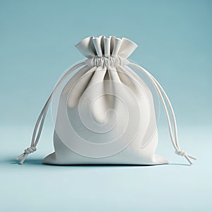 A white drawstring bag on a blue background