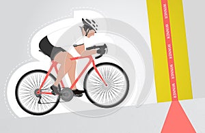 White dressed cyclist riding upwards to finish line isolated