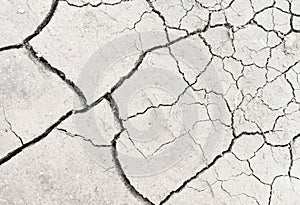 White dried and cracked ground earth background. Closeup of dry fissure ground. Gray crack on earth texture. erosion