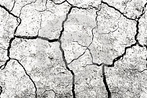 White dried and cracked ground earth background. Closeup of dry fissure ground. Gray crack on earth texture. erosion