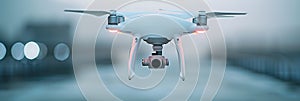 White Drone with Camera Flying in Clear Sky, Perfect for Aerial Photography and Videography