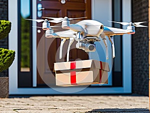 White drone delivering package to a residence