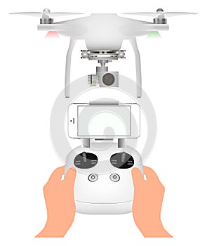 White drone with with digital camera for aerial photography. Remote Control and mobile smartphone