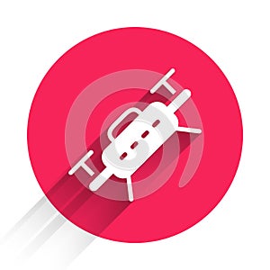 White Drone flying icon isolated with long shadow background. Quadrocopter with video and photo camera symbol. Red