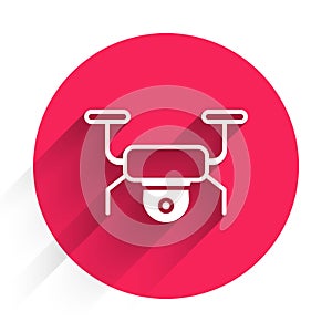 White Drone flying icon isolated with long shadow. Quadrocopter with video and photo camera symbol. Red circle button