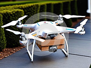 White drone landing with package and camera