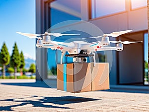 White drone in low flight with package