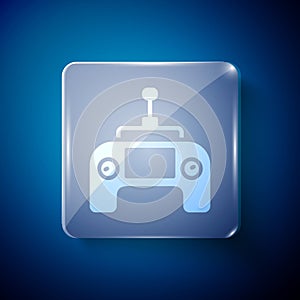 White Drone radio remote control transmitter icon isolated on blue background. Square glass panels. Vector