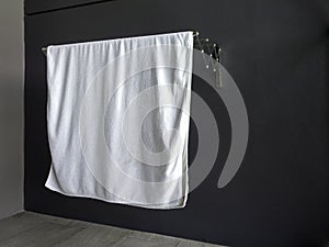 White dry clean towel hanging on towel rack.