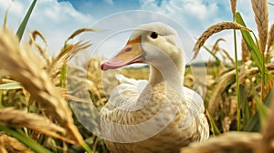 White Duck Grazing In Tall Grass: A Captivating Nature Portrait