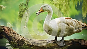 Realistic Rendering Of Goose On Wood Branch In Green Background photo