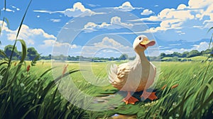 Charming 2d Game Art: Duck In Grassy Field With Ghibli Animation Style photo