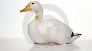 White Duck Sitting On Bright White Surface With Chin Resting On Paws