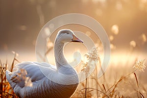 White duck stands in field of tall grass or wildflowers with the sun shining behind it. Generative AI