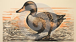 Woodcut-inspired Duck Print On Red Background photo