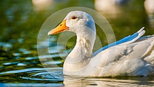 White duck swimming in pond or lake. Domestic farm bird