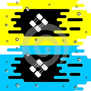 White Dumbbell icon isolated on black background. Muscle lifting, fitness barbell, sports equipment. Vector