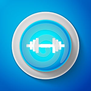 White Dumbbell icon isolated on blue background. Muscle lifting icon, fitness barbell, gym icon, sports equipment symbol