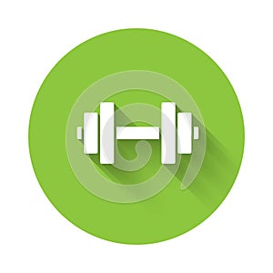 White Dumbbell icon isolated with long shadow. Muscle lifting icon, fitness barbell, gym, sports equipment, exercise