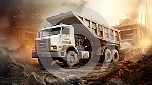 A White Dump Truck Unloading Soil On A Construction Site. Generative AI