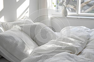 white duvet and pillows on the background of the window in close-up, the concept of preparing for the winter season,household