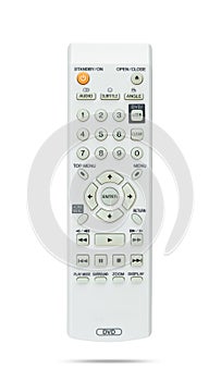 White dvd player remote control, isolated on white background. Front view. File contains a path to isolation