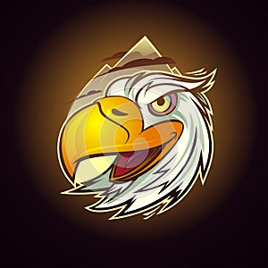 White eagle head symbol with moutains