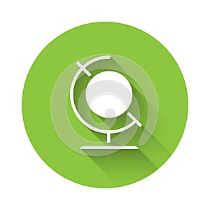 White Earth globe icon isolated with long shadow. Green circle button. Vector Illustration