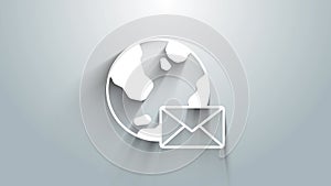 White Earth globe with mail and e-mail icon isolated on grey background. Envelope symbol e-mail. Email message sign. 4K