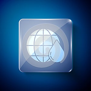 White Earth planet in water drop icon isolated on blue background. World globe. Saving water and world environmental