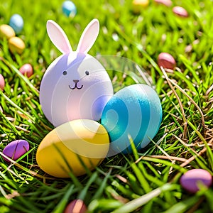 White easter bunny and colorful easter eggs on green grass background with copyspace. Generative AI