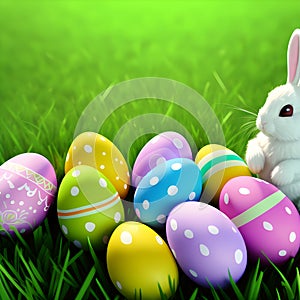 White easter bunny and colorful easter eggs on green grass background with empty space. Generative AI